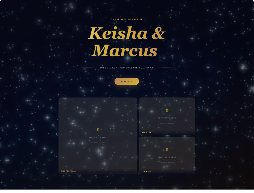Starry night-themed wedding invitation with 'Keisha & Marcus' text and three card designs.