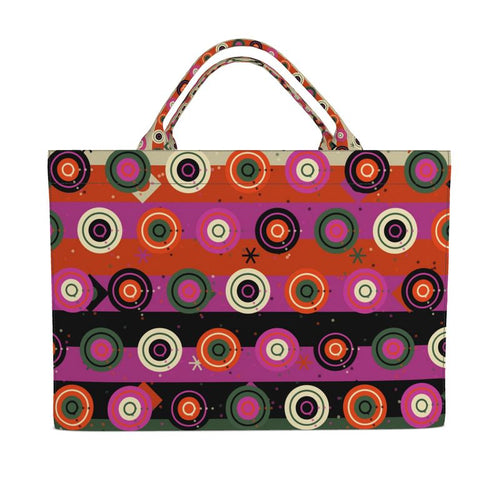 Colorful patterned bag with circular designs on a white background