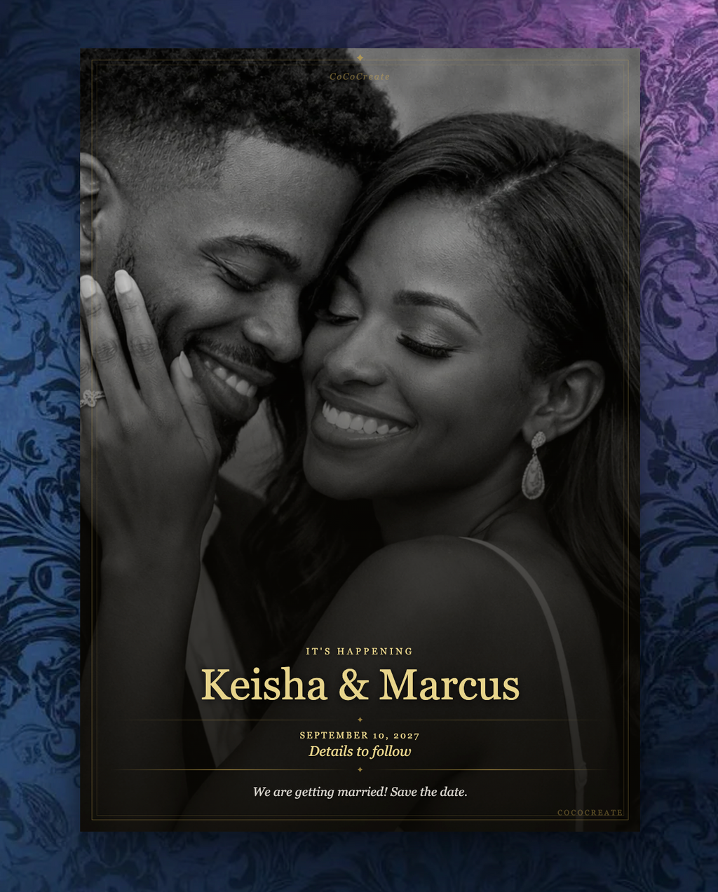 Black and white photo of a couple with a purple decorative border and text overlay.