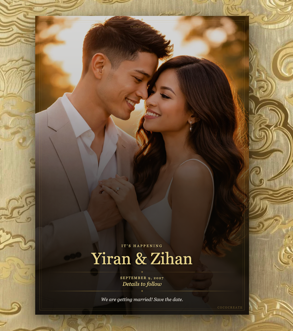 Wedding invitation card with a couple embracing and text on a decorative gold background