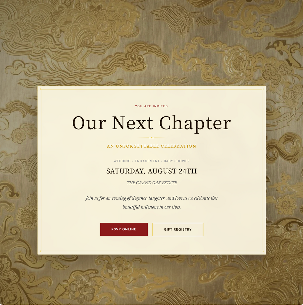 Wedding invitation card with decorative gold patterns on a textured brown background
