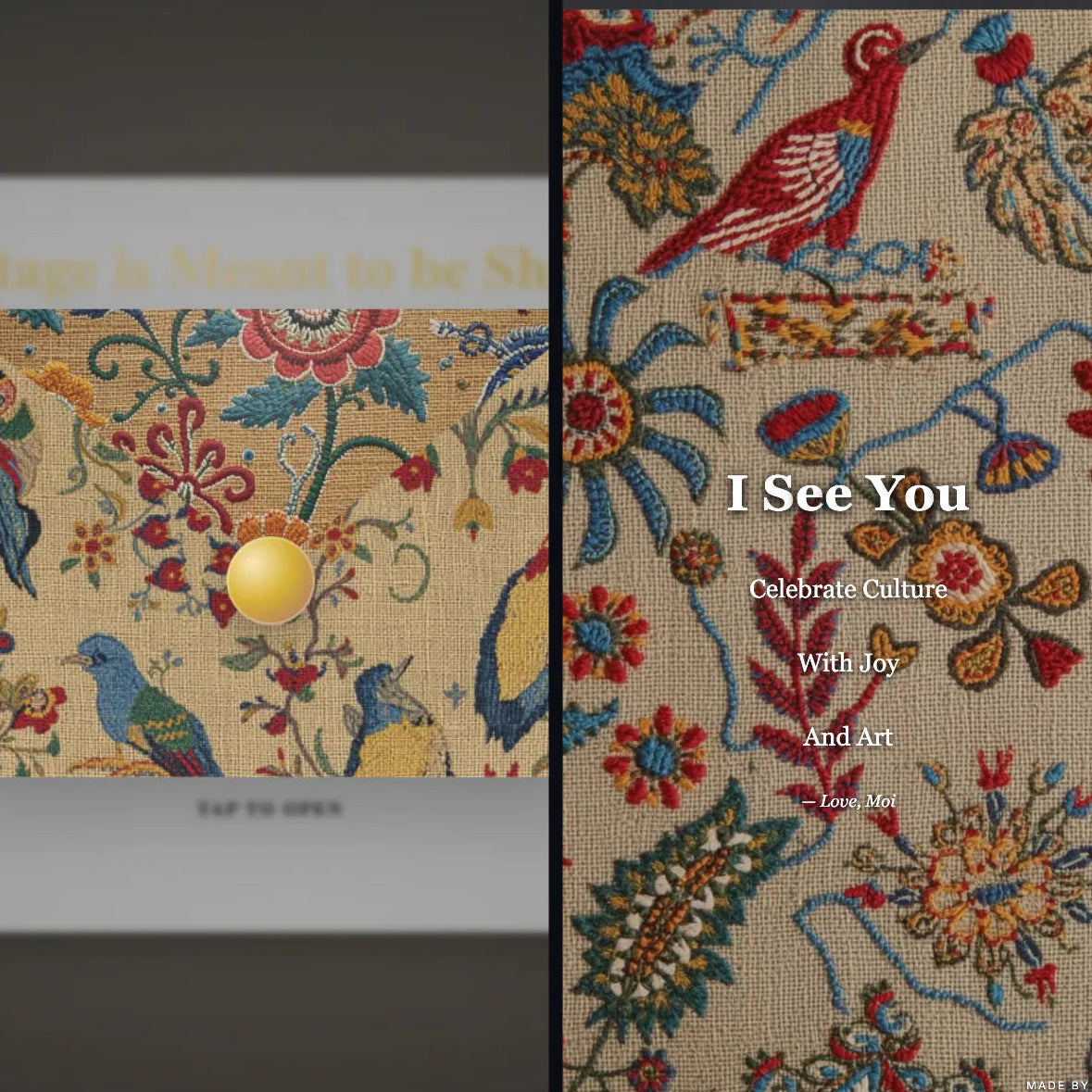 Decorative fabric with floral and bird patterns and text overlay.