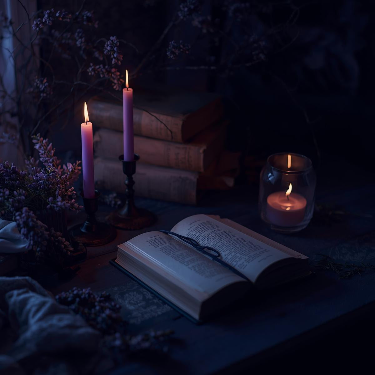 Open book on a dark surface with lit candles and flowers in a cozy, dimly lit setting.