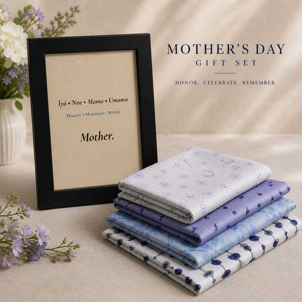 Stack of folded fabric swatches with a framed picture on a neutral background, labeled 'Mother's Day Gift Set'.