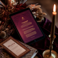 Tablet displaying a ceremonial document with a candle and decorative items on a table.
