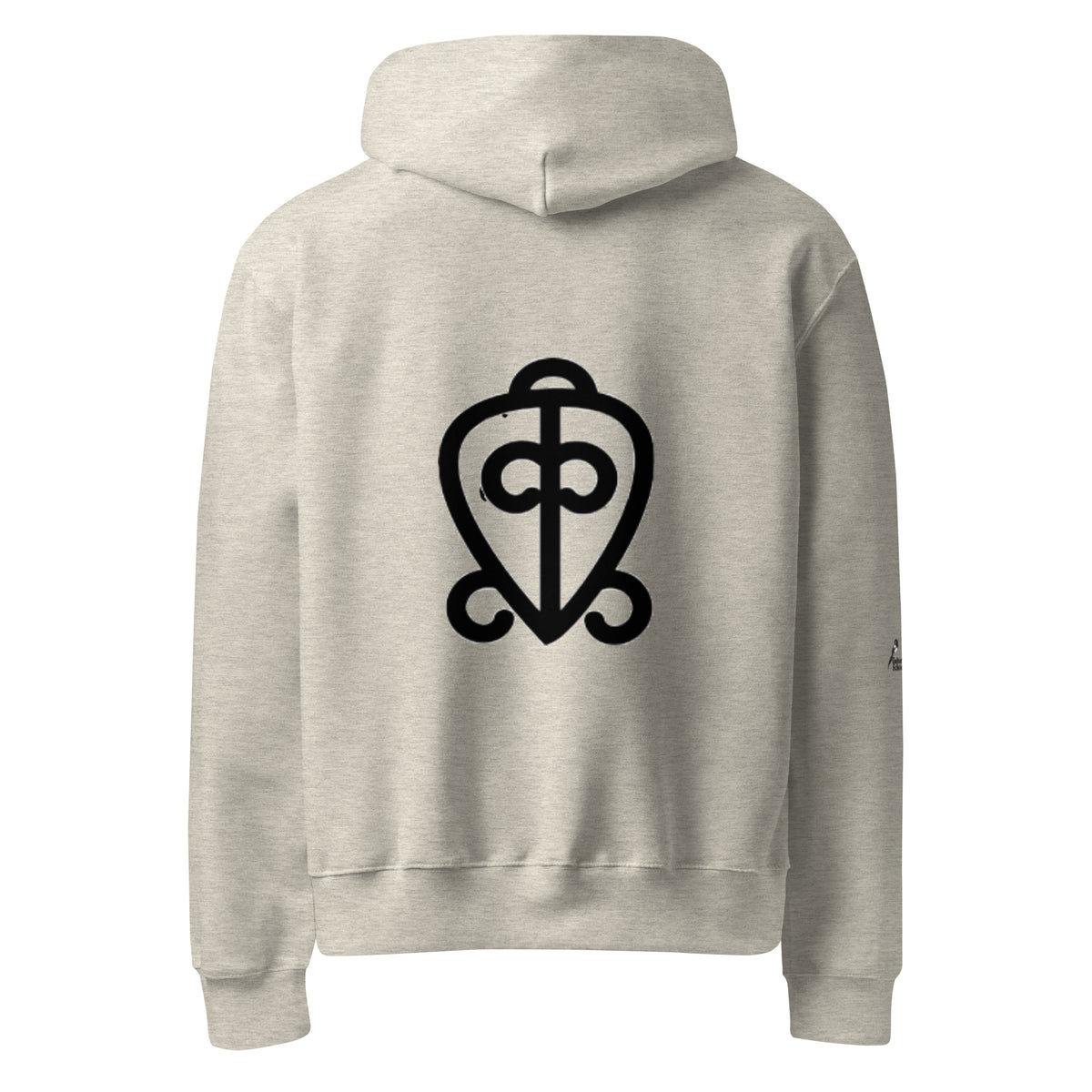 A light heather gray hoodie shown from the back, featuring a large black shield-like emblem printed in the center. The hoodie has a drawstring hood, long sleeves, and ribbed cuffs and hem, presented on a solid white background.