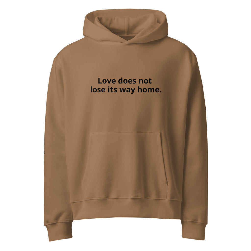 Brown hoodie with black text on a white background