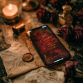 Phone with a vintage-themed screen on a table with candles and flowers