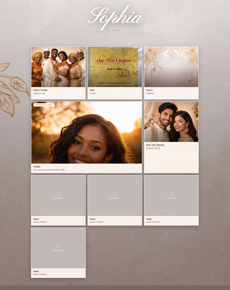 Digital photo album interface with various photo thumbnails and a brand name 'Sophia' at the top.