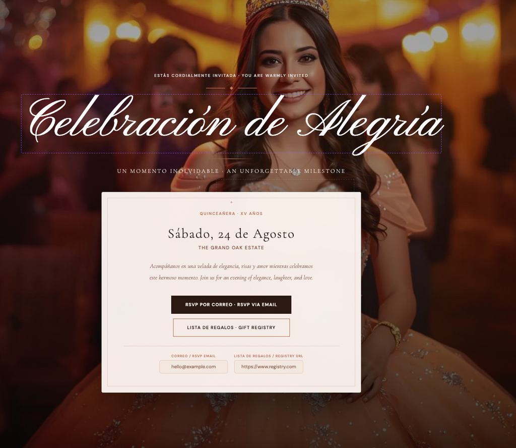 Invitation card with a blurred background of a woman in formal attire.