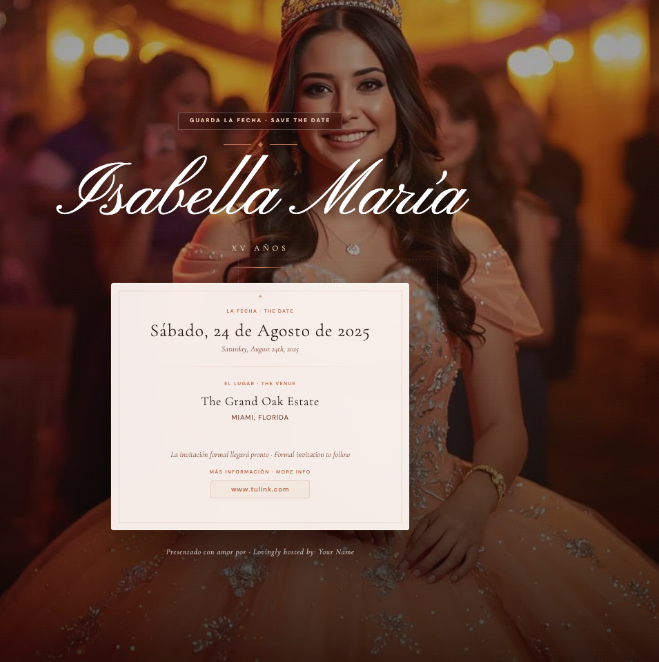 Quinceañera celebration with a formal invitation card held by a young woman.
