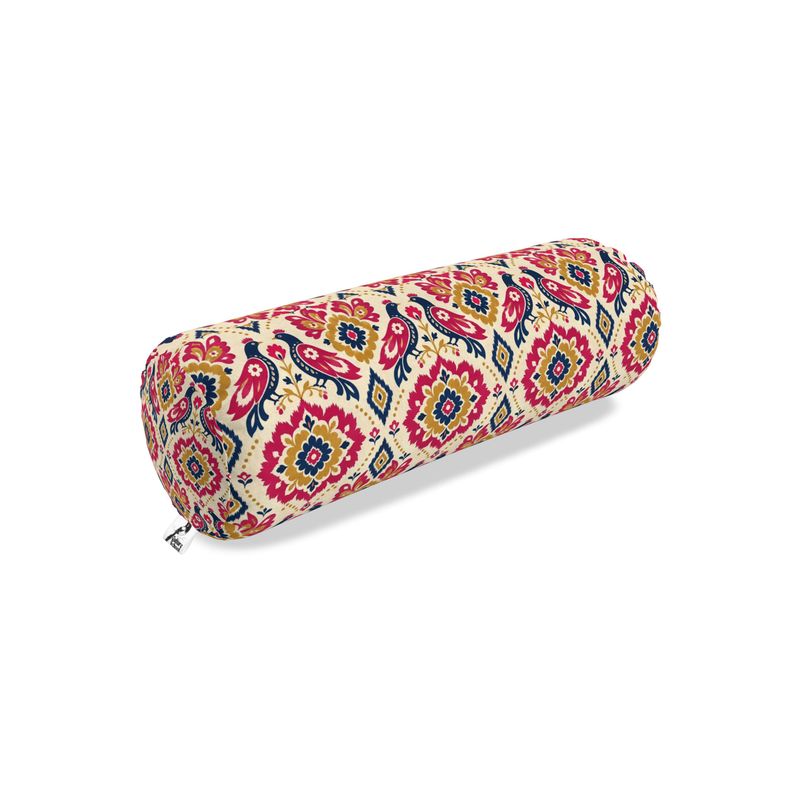Decorative cylindrical pillow with a colorful pattern on a white background