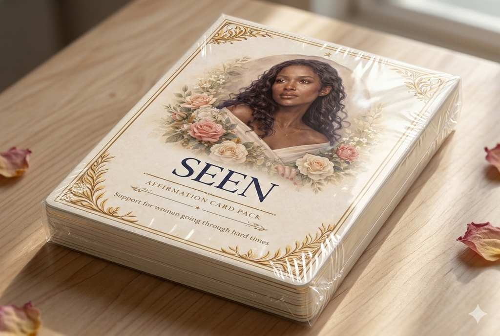 Sealed affirmation card pack with a woman's face on a wooden surface