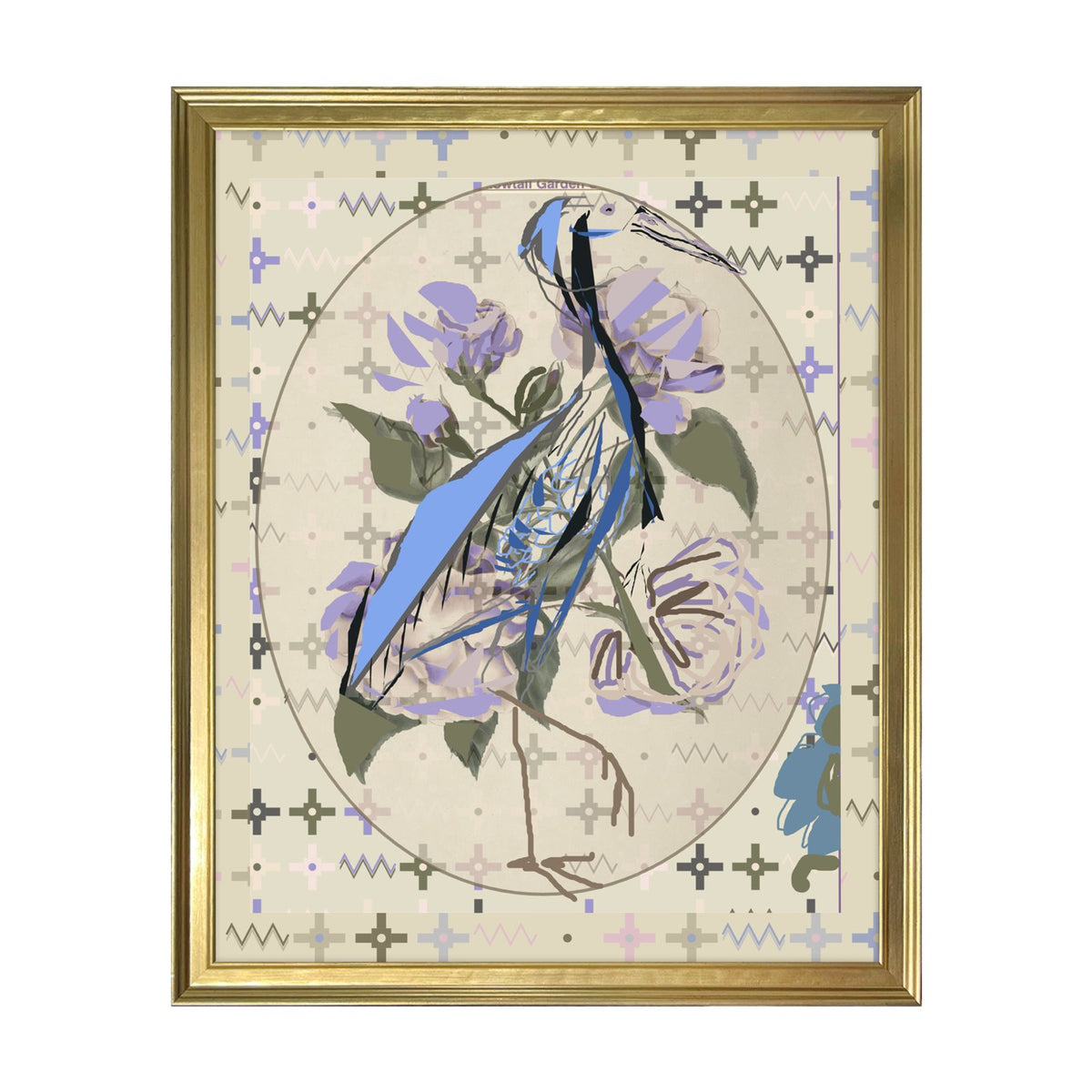 Framed wall art featuring an abstract stylized bird in blue, black, and white with lavender flowers and green leaves on a cream patterned background, enclosed in a gold frame.