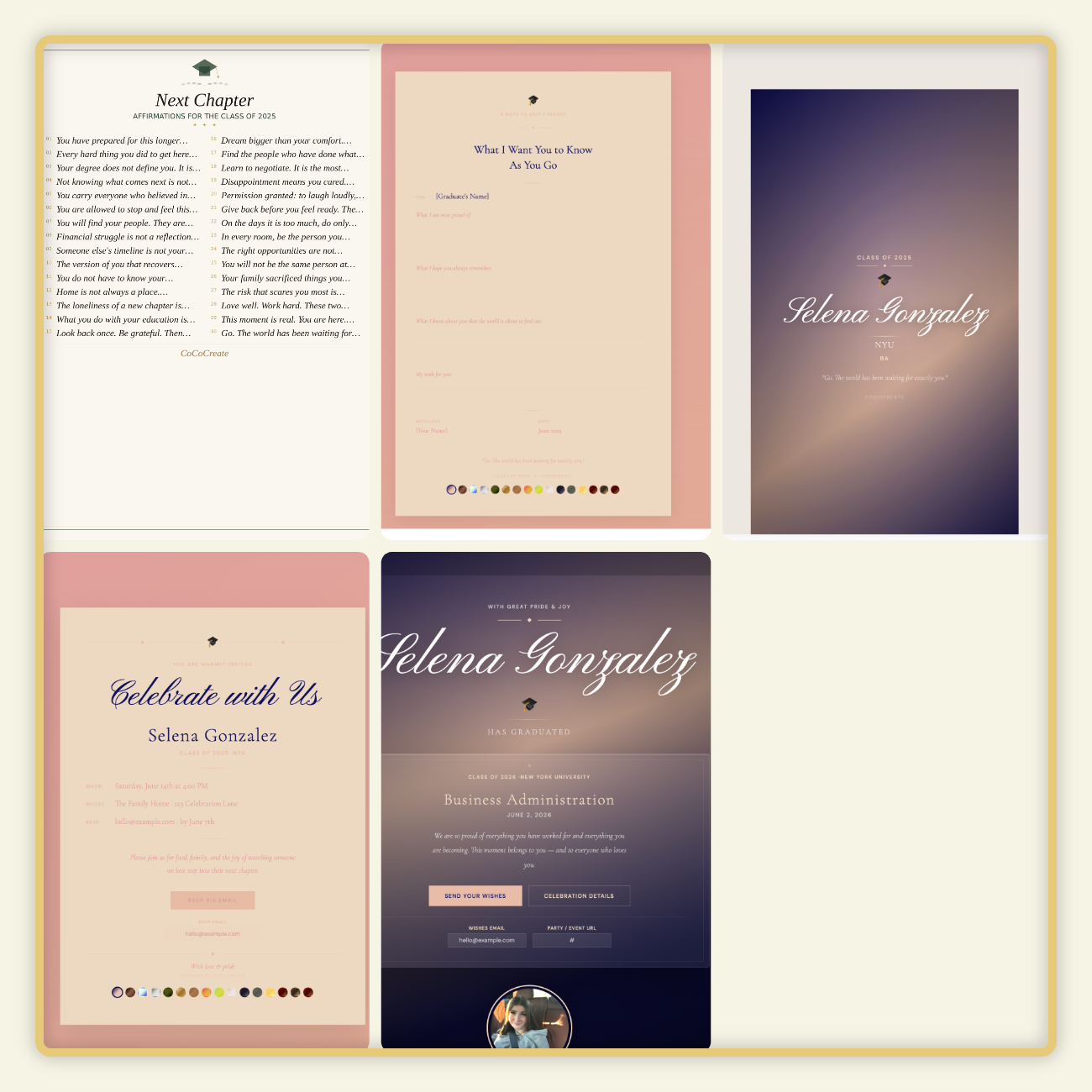 Collection of personalized stationery designs with text and branding elements.