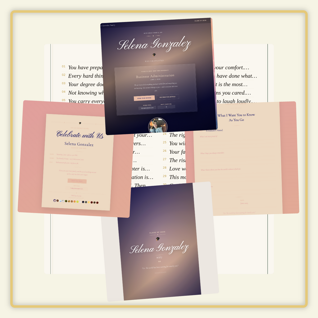 Collection of personalized stationery items with 'Selenagonzalez' branding on a white background.