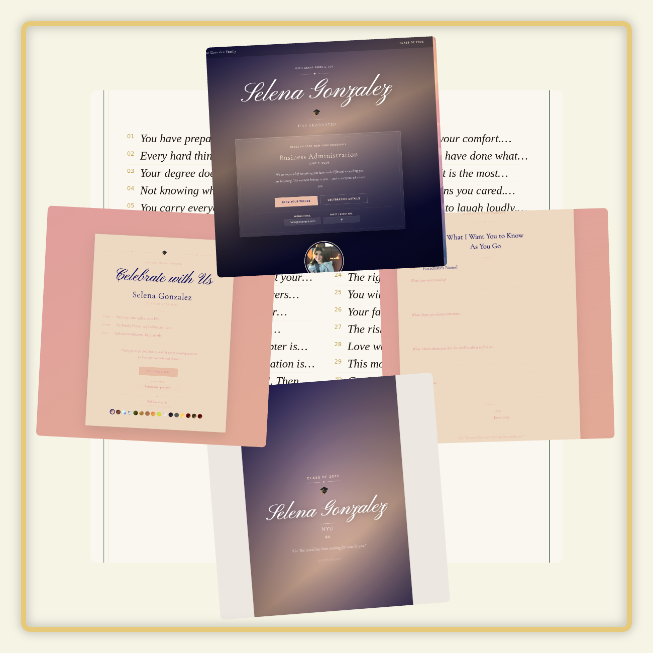 Collection of personalized stationery items with 'Selenagonzalez' branding on a white background.