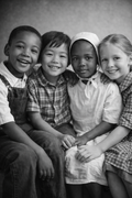 Black and white photo of four children sitting together