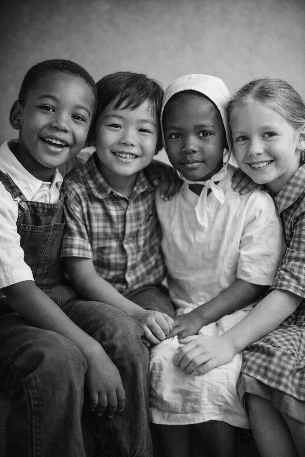 Black and white photo of four children sitting together