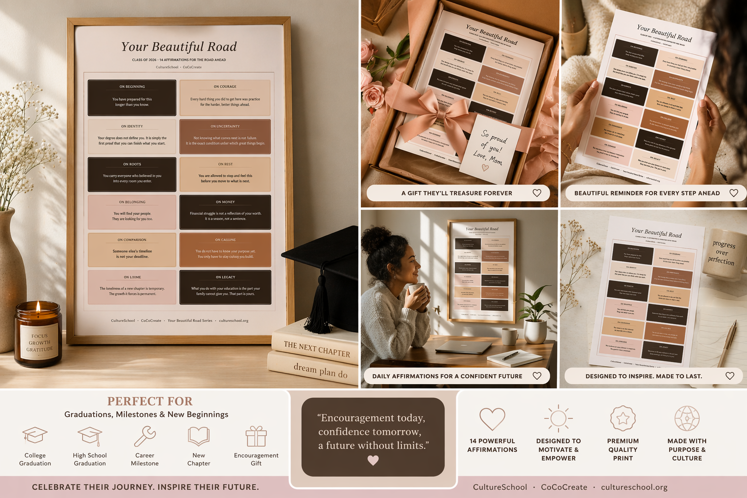 Collage of a personalized poster with text and design elements, displayed in various settings.