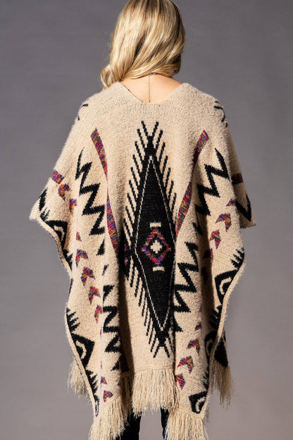 Fuzzy Knit Aztec Pattern Ruana with Tassels