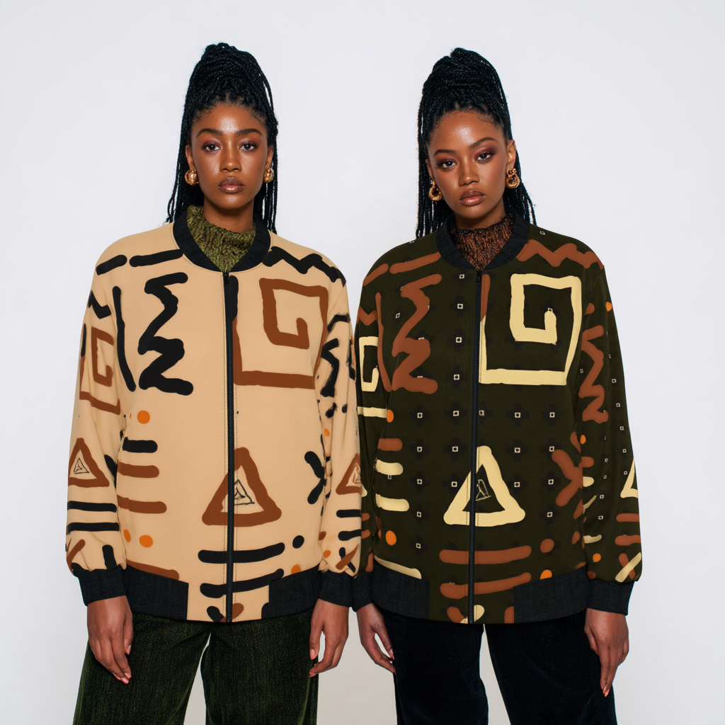Two models wearing patterned knit bomber jackets against a plain light gray studio background. The jacket on the left is beige with black and brown geometric motifs, and the jacket on the right is dark olive green with cream, brown, and black geometric motifs.