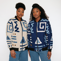 Women's Reversible Silk  Bomber Jacket | Blue Adinkra
