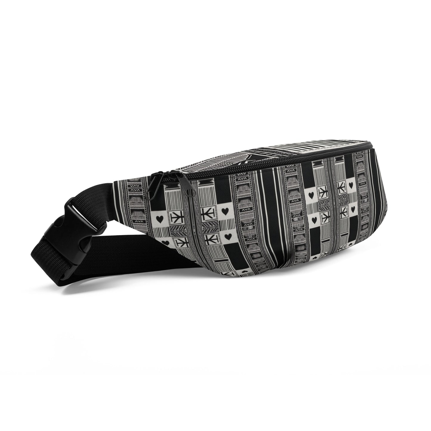 black and white kente cloth printed fanny pack