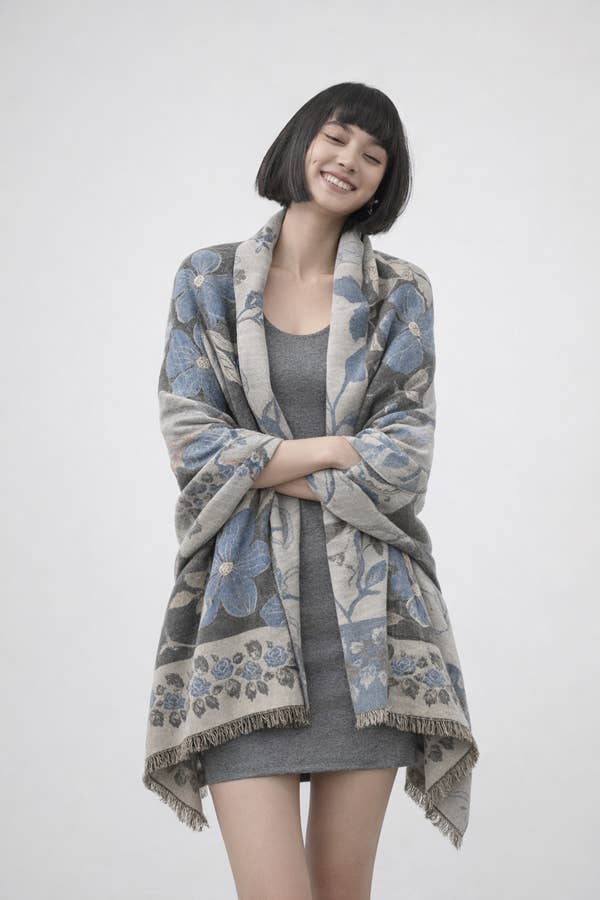 Blue / Gray Vintage Floral Reversible Wrap