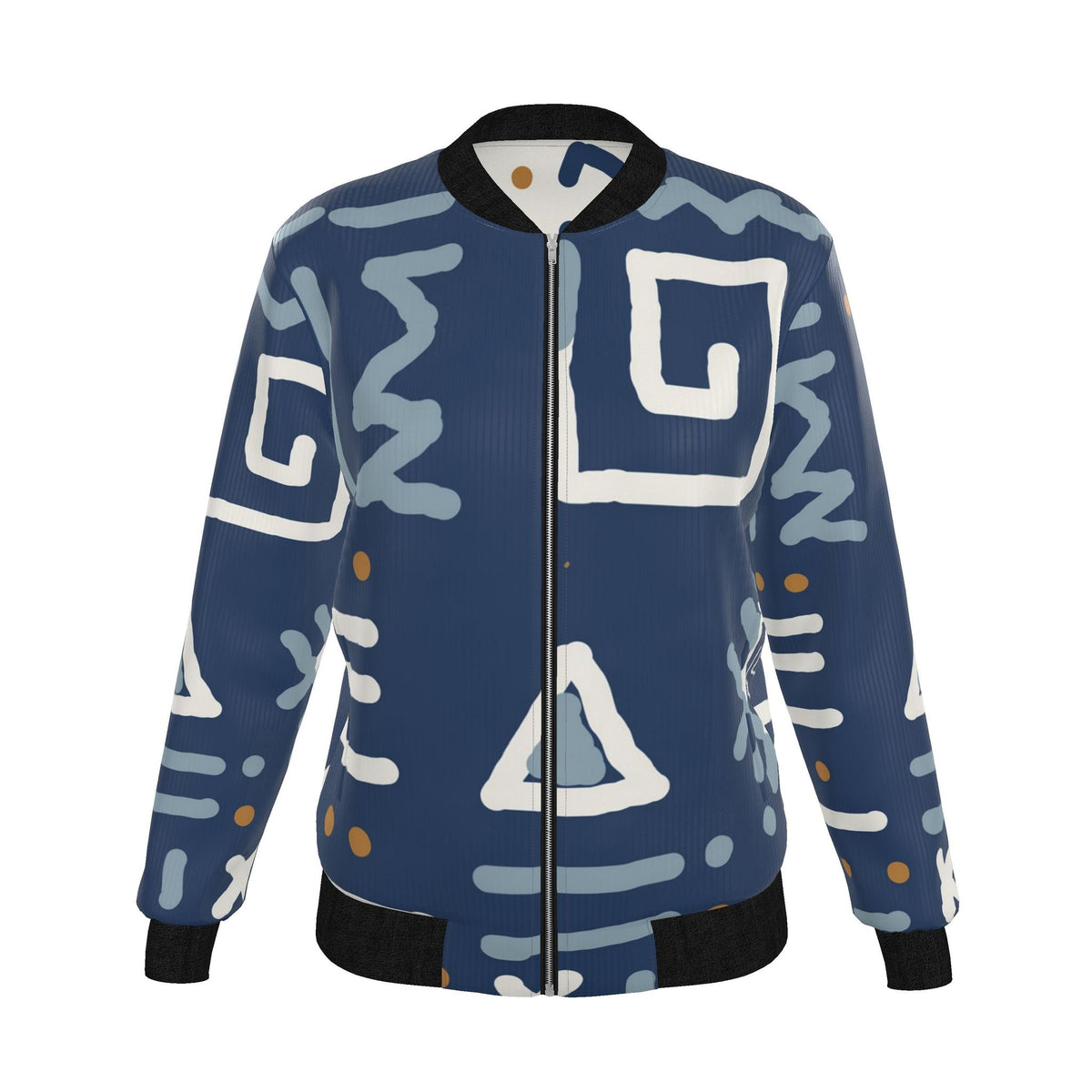 A blue zip-up bomber jacket with a white and light blue geometric pattern, black ribbed collar, cuffs, and hem, and small orange dots, shown on a plain white background.