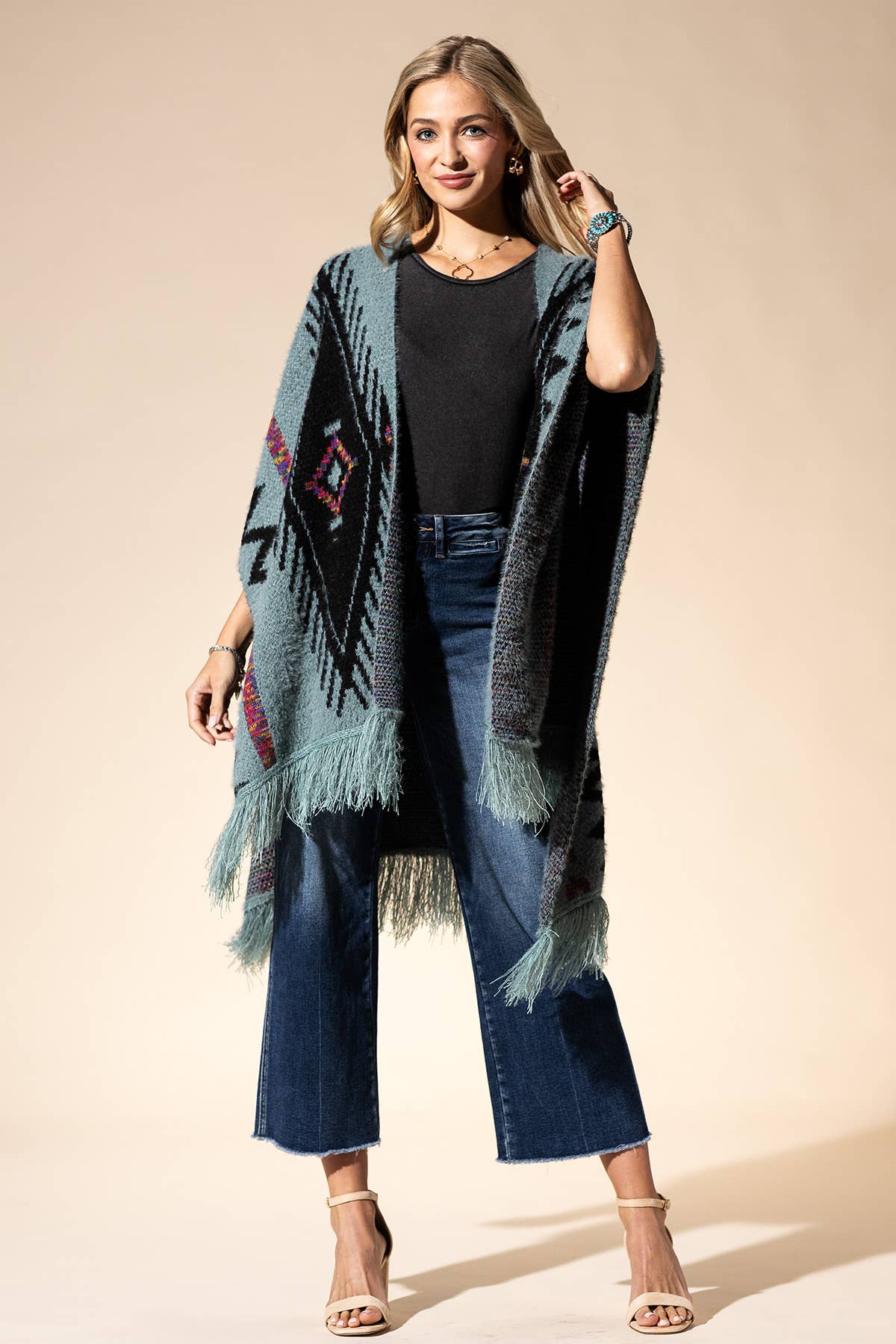 Fuzzy Knit Aztec Pattern Ruana with Tassels