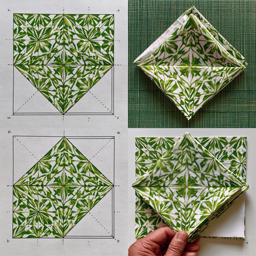 A four-panel collage showing a green and white patterned origami paper craft: two panels show the unfolded flat pattern on a white background, one panel shows the folded item on a green mat, and one panel shows a hand holding the finished folded piece.