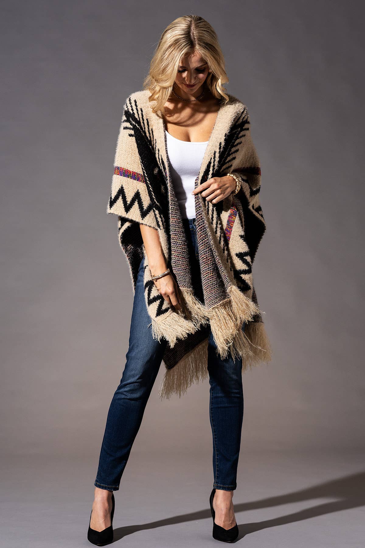 Fuzzy Knit Aztec Pattern Ruana with Tassels