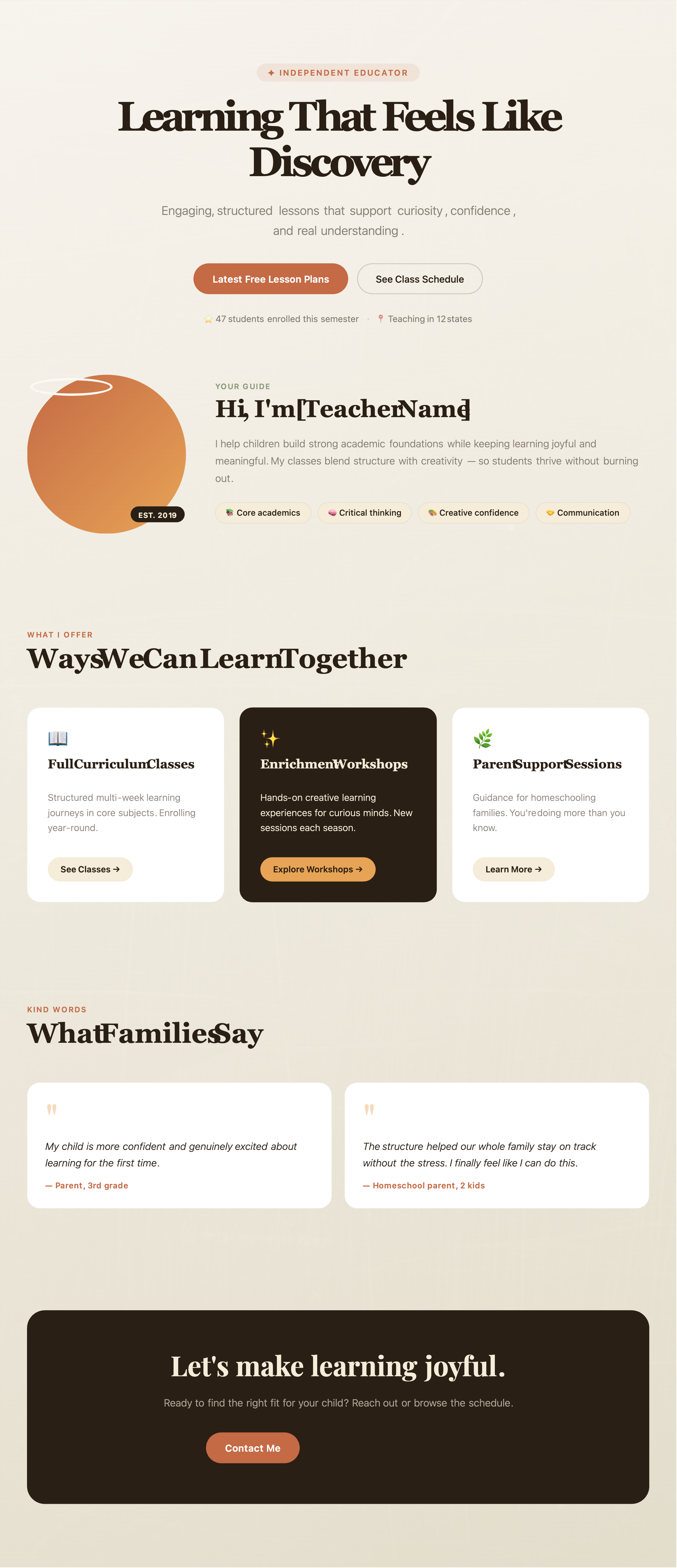 Educator Landing Page- Warm Hearth