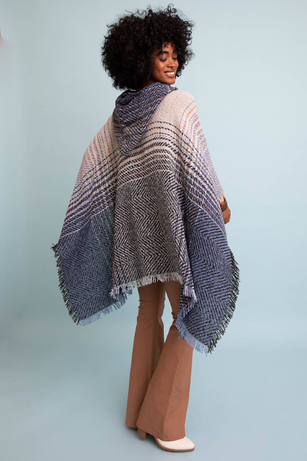 Herringbone Hooded Frayed Edge Poncho