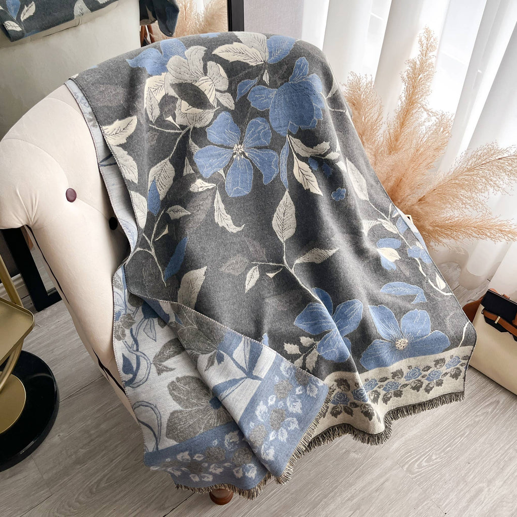 Blue / Gray Vintage Floral Reversible Wrap