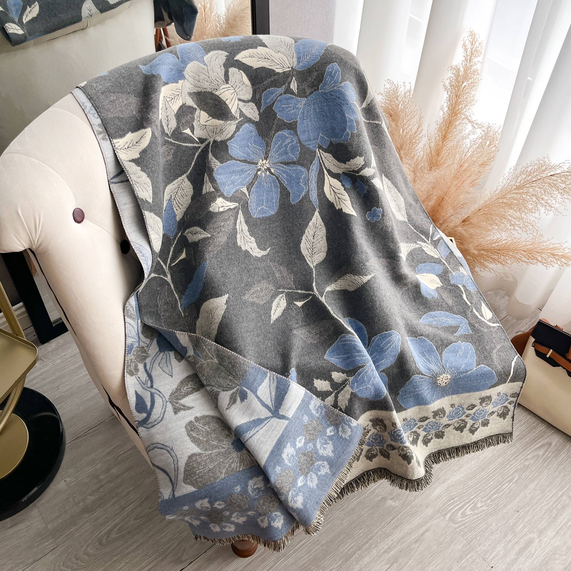 Blue / Gray Vintage Floral Reversible Wrap
