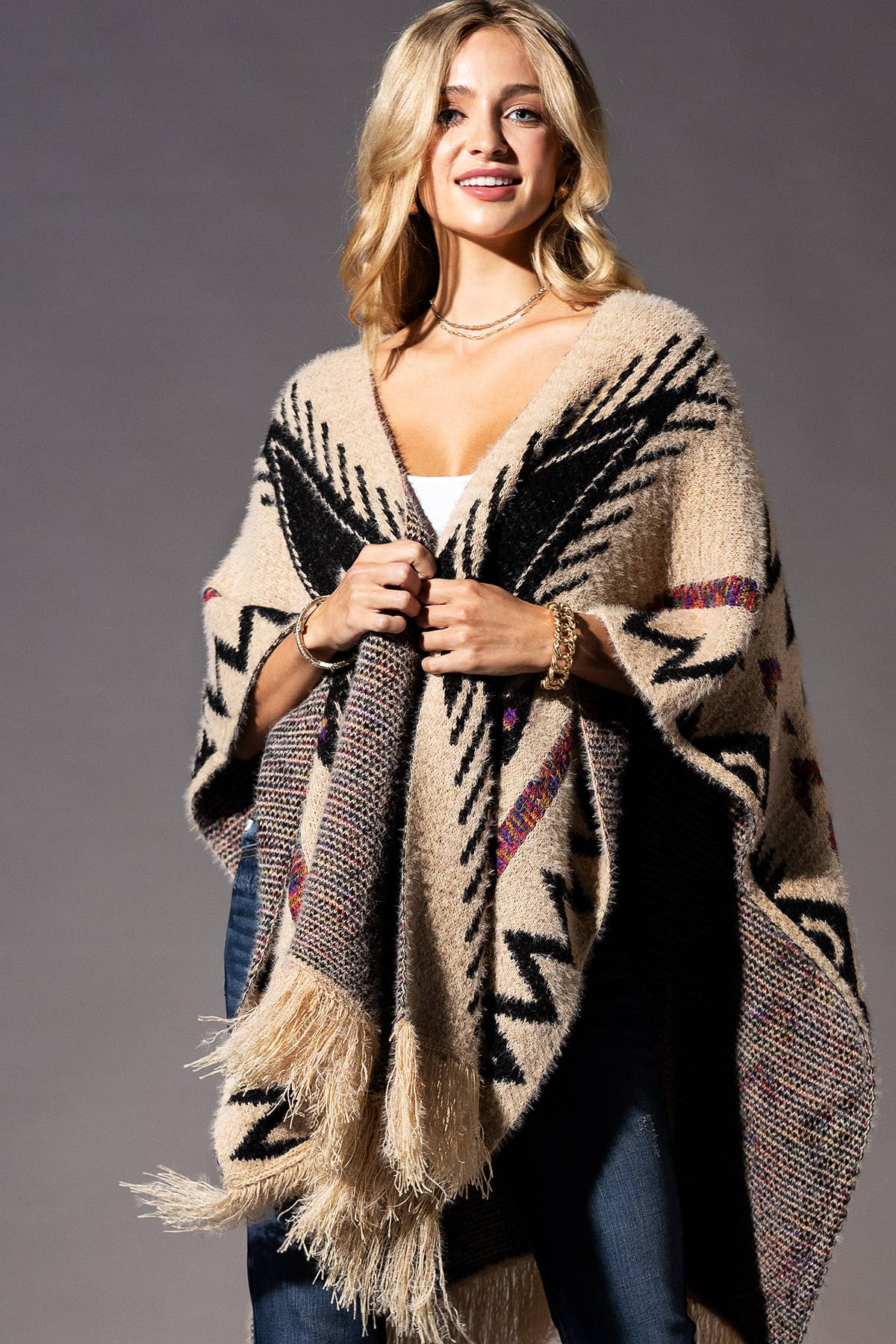 Fuzzy Knit Aztec Pattern Ruana with Tassels