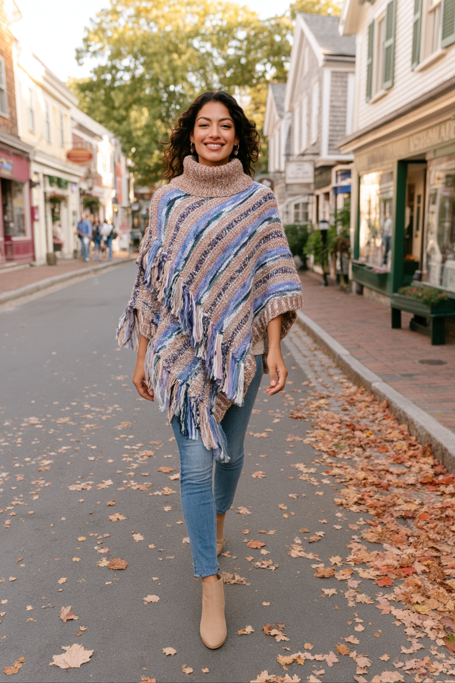 A woman walking down a leaf-strewn street wearing a colorful striped knit poncho with fringe, blue jeans, and beige ankle boots.