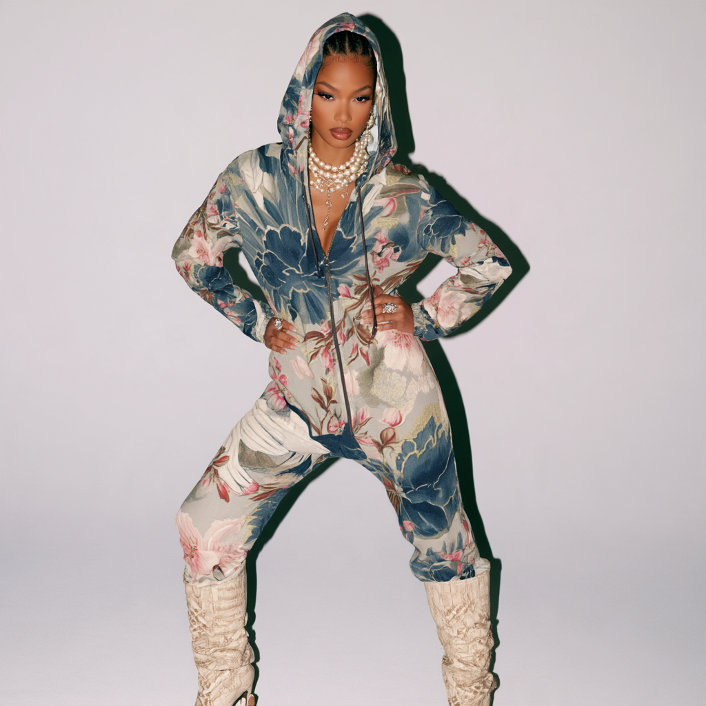 A model wearing a hooded one-piece jumpsuit with a blue, pink, and beige floral print, paired with beige lace-up boots, posing against a light gray background.