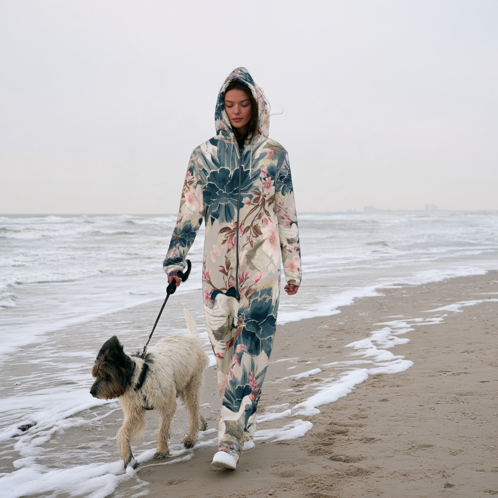 A woman walks a small dog on a leash along a sandy beach with ocean waves in the background, wearing a hooded one-piece jumpsuit with a large floral print in beige, blue, and pink.