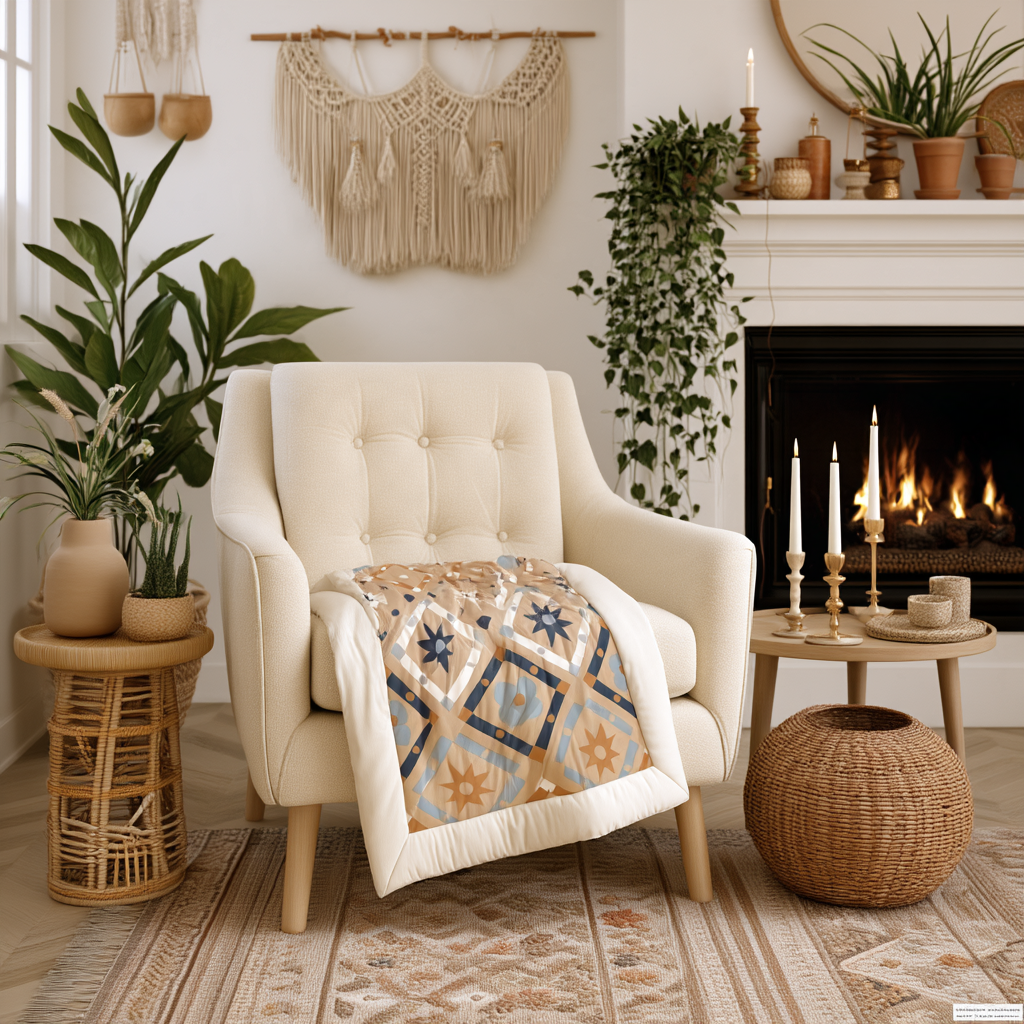 A cream tufted armchair in a cozy living room setting, styled with a patterned quilted throw blanket draped over the seat. The room features a fireplace, potted plants, a macrame wall hanging, and a woven rattan side table.