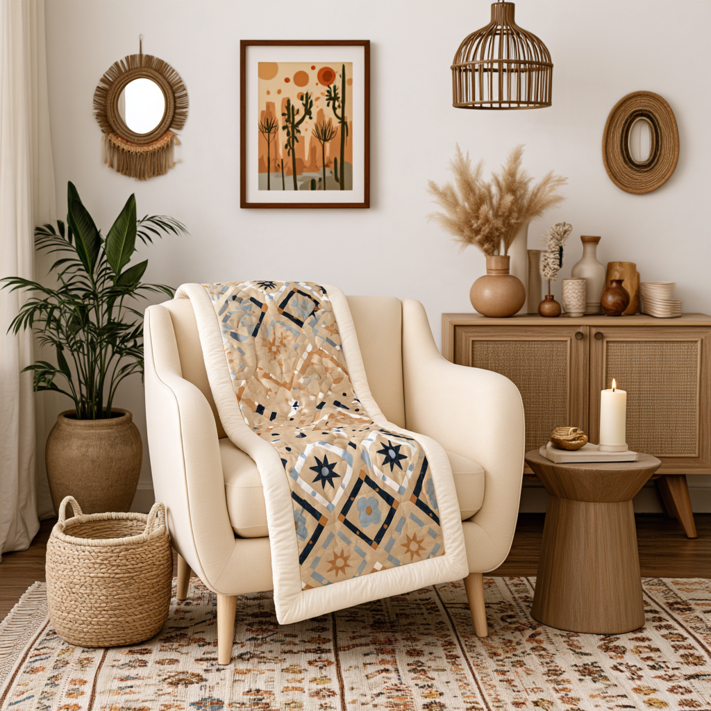 A bohemian-style quilted throw blanket with a geometric star pattern in beige, blue, and brown, draped over a cream armchair in a styled living room.