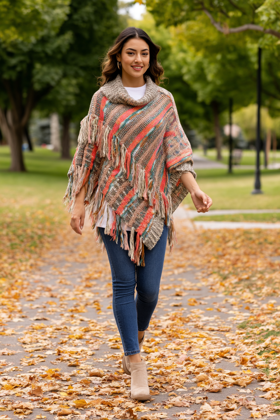 A woman walking on a leaf-covered path in a park, wearing a beige and rust striped fringed poncho over a white top and blue jeans.