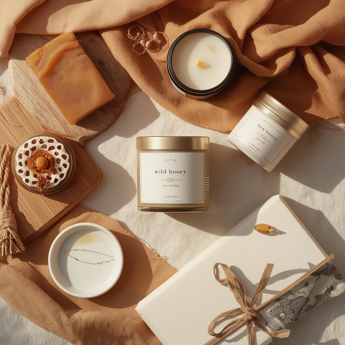 Candle, soap, and decorative items on a textured surface with warm lighting